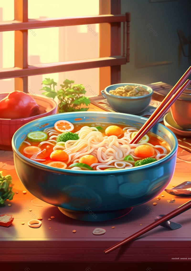红色厨房中刚做好的一碗热气腾腾的面条,插画/手绘图,插画/手绘图库,插画/手绘图下载,插画/手绘
